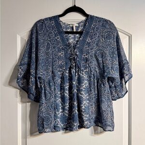 Joie Blue and White Paisley Boho Blouse - 100% Silk